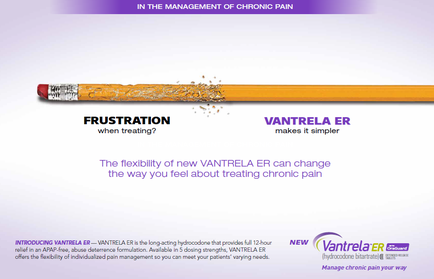 An advertisement for cantrell ER a company that helps manage chronic pain in the management of chronic pain. The advertisement features a yellow pencil with a red eraser on top of it. The eraser is being used to grass the eraser which is emitting a small amount of dust or debris. The text on the image reads "FRUSTRATION when treating? The flexibility of new cantrell ER can change the way you feel about treating chronic pain." Below the pencil there is a brief description of the product which states that it is a long-acting hydrochloroquine that provides full-time relief for chronic pain and offers the flexibility of individual pain management. The company's logo is also visible on the bottom right corner of the image.