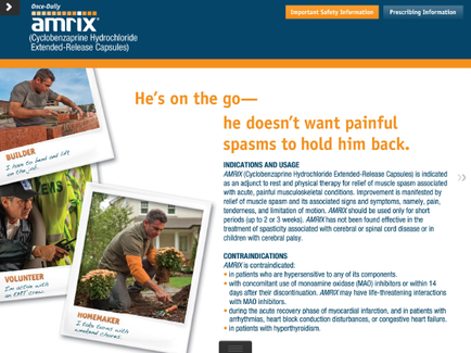 A screenshot of the homepage of the Amrix website. The page is titled "He's on the go-he doesn't want painful spasms to hold him back." On the left side of the page there is a photo of a construction worker working on a brick wall. He is wearing a hard hat and safety vest and is holding a tool in his hand. On the right side there are three smaller photos of the same construction worker. The photos are arranged in a grid-like pattern. The first photo on the top left shows the builder working on the wall while the second photo shows the homeowner working in the garden. The third photo is a close-up of the homeowner planting a flower bed. The fourth photo is an illustration of a man working in a garden with a shovel. The fifth photo is of a woman working in front of a house. The sixth photo is from the bottom left corner and the seventh photo is taken from the top right corner. The text on the page provides information about the website's safety information and contact information.
