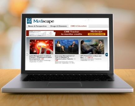 A laptop on a wooden table with a blurred background. The laptop is open and the screen is displaying the homepage of a website called escape. The website has a red and white color scheme with the title "CME Tracker to monitor credits" at the top. Below the title there is a navigation bar with links to different sections of the website. On the left side of the screen there are several images and text that appear to be related to the website's content. On the right side there appears to be a search bar and a navigation menu. The main content area of the webpage is divided into three sections each with a different image and text. The first section has a photo of a group of people sitting on a couch the second section has an image of a man in a suit and tie and the third section has text that reads "News & Perspective Drugs & Diseases CME & Education". At the bottom of the page there has a link to a website for more information about the website and its services.