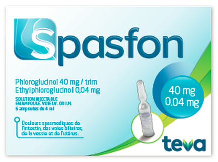A product label for a medication called season. The label is rectangular in shape and has a light blue background with the brand name "Spasfón" written in bold white letters at the top. Below that there is a description of the product in French that reads "Phlorogludol 40 mg/trim" which translates to "40 mg/0.04 mg" in English. On the right side of the label there are two illustrations of a syringe one with a needle and the other with a dropper. The syringe is white with a blue cap and the dropper is silver. The text on the label states that the medication is made with ethyl-phlorogludol which is a type of medication used to treat inflammation and pain. The label also mentions that the product contains 6 ampoules of 4 ml of the medication.