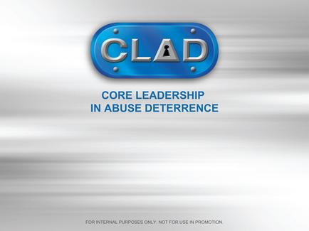 A logo for a company called CLAD. The logo is a blue oval-shaped badge with the word "CLAD" written in white capital letters in the center. The word "Core Leadership in Abuse Deterrence" is written in smaller white letters below the word. The background is a light grey color with a subtle gradient effect. At the bottom of the image there is a text that reads "For internal purposes only not for use in promotion."