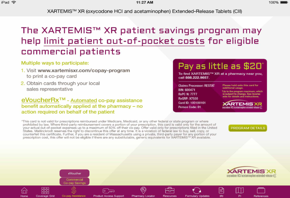 A screenshot of a webpage from the XARTEMIS XR website. The title of the page is "The XARTEMIS XR patient savings program may help limit out-of-pocket costs for eligible commercial patients. The webpage has a white background with purple green and black text. There is a card reading "Pay as little as $20" on the right side. The text on the page lists the multiple ways to participate and advertises the eVoucherRx automated co-pay assistance benefit. <br /><br />At the bottom of the webpage there is a navigation bar where it appears Co-pay Assistance and Commercial Co-pay Savings are selected. The XARTEMIS XR logo is also visible.