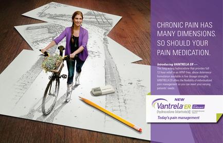 An advertisement for cantrell ER a pain management company. It features a young woman riding a bicycle on a cobblestone street. The woman is wearing a purple blazer and has long blonde hair. She is smiling and holding a bouquet of flowers in her hand. The bicycle is black and white and appears to be a vintage model. The background is a light blue color. On the right side of the image there is a purple banner with white text that reads "Chronic pain has many dimensions. So should your pain medication." Below the banner there are two smaller banners with the company's logo and contact information. A yellow pencil is placed next to the banner.