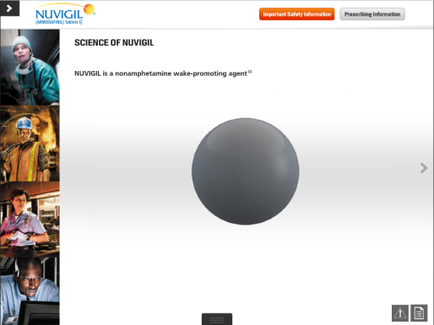 A screenshot of the homepage of a website called "Science of vigil". The website has a white background with a black circle in the center. On the left side of the page there are three images of people working in a laboratory. The first image on the top left shows a woman wearing a blue lab coat and a hard hat the second image shows a man wearing a yellow lab coat and the third image shows two men working on a computer. The text on the page reads "vigil is a non-pharmaceutical wake-promoting agent". Below the text there is a brief description of the website and a button that says "Important Safety Information".