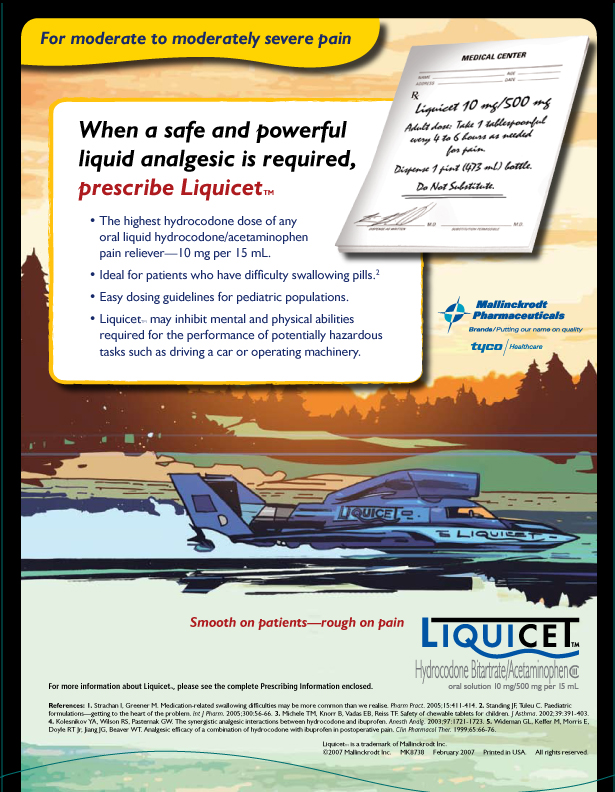 An advertisement for Liquicet with the taglines "When a safe and powerful liquid analgesic is required prescribe Liquicet" and "Smooth on patients -- rough on pain". It includes a color drawing of a powerboat with Liquicet branding traveling across a body of water at high speed with a forest in the background. The logos of Mallinckrodt Pharmaceuticals Tyco Healthcare and Liquicet are on the right side of the image. A list of references and a date statement (February 2007) are at the bottom.