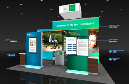 A trade show booth with a green and blue color scheme. The booth has a large banner on the front that reads "Committed to you and your patients" in white letters. Below the banner there is an image of a woman pushing a stroller with a child in it. On the left side of the booth there are two large screens displaying information about the booth's services. On the right side the booth has two smaller screens displaying the same information. The first screen shows a website with a blue background and white text. The second screen shows an advertisement for a company called "ventura" with a photo of a young woman's face and the company's logo. The booth is located in a large room with a high ceiling and white walls. There are also several other booths and displays on the walls. The overall design is modern and professional with a focus on the company and its services.