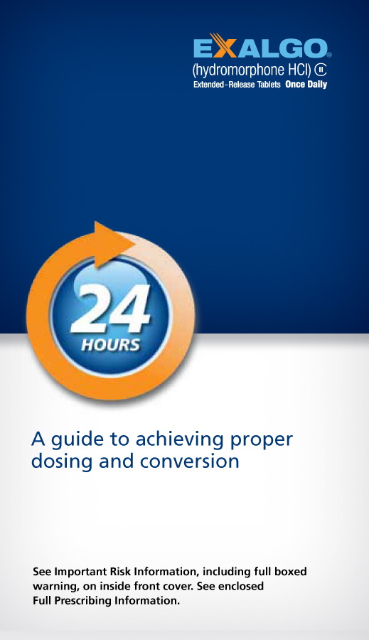A cover page of a book titled "A guide to achieving proper dosing and conversion". The cover page has a blue background with the title of the book written in white text at the top. Below the title there is an orange circle with the number 24 hours written in blue. The circle is surrounded by an orange arrow pointing to the right. At the bottom of the page there are two bullet points that read "See Important Risk Information including full boxed warning on inside front cover. See enclosed Full Prescribing Information." The text is written in a modern sans-serif font and is centered on the page.