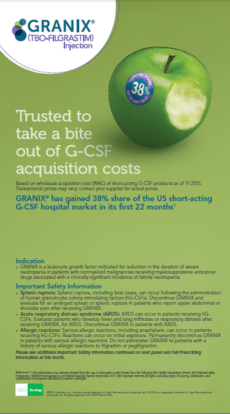 An advertisement for Granix (TBO-Filgrastin) injection. It features a green apple with a purple sticker on it that reads "Trusted to take a bite out of G-CSF acquisition costs". The apple is placed on a light green background. Below the apple there is text that explains that Granix has gained 38% share of the US short-acting G-CFSF hospital market in its first 22 months. The text also mentions that the injection is an important safety information.