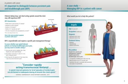 This is an advertisement for Rapidly acting transmucosal fentanyl with the taglines "In patients with cancer it's important to distinguish between persistent pain and breakthrough pain (BTP)" and "A case study : managing BTP in a patient with cancer". It includes 3 data visualizations and a photograph of a woman in a blue dress.