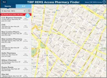 This is a screen cap from the TIRF REMS Access Pharmacy Finder showing the results from a Nearby search for New York 10013. No single pharmacy is highlighted. 8 pharmacies are visible in the results set table and some pharmacies are also pinned on the results set map. 