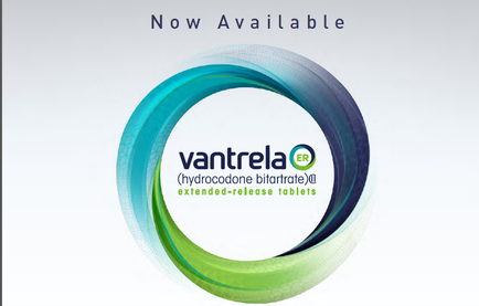 A logo for a company called cantrell ER. The logo is circular in shape and has a blue and green color scheme. The background is white and the text "Now Available" is written in black at the top. Below the text there is a text that reads "hydrocodone nitrate (extended-release tablets)". The text is in a modern sans-serif font and is centered in the middle of the logo. The overall design is simple and minimalist.