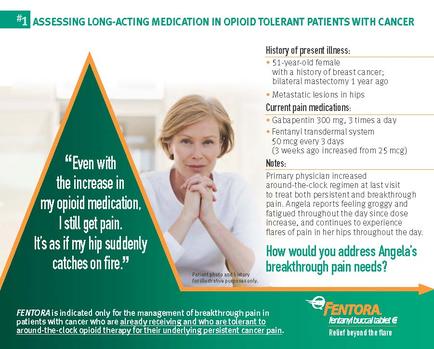 An idiographic that explains the importance of assessing long-acting medication in opioid tolerant patients with cancer. It has a green triangle with a photo of a woman with blonde hair and a white shirt smiling at the camera. The text on the right side of the image reads "Even with the increase in my opioid medication I still get pain. It's as if my hip suddenly catches on fire." On the left side there is a list of facts about the history of present illness including the current pain medications the primary physician increased and how would you address Angela's breakthrough pain needs? At the bottom of the idiographic there are two bullet points that explain the importance and how mentor is an indicator for the management of breakthrough pain in patients with chronic pain.