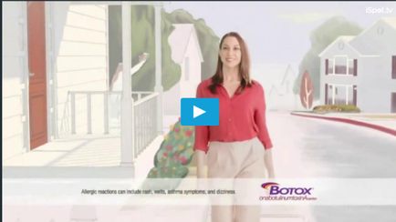 A screenshot from a video titled "Botox". It shows a woman standing in front of a house with a red door and white walls. She is wearing a red blouse and beige pants and is smiling at the camera. The house is painted in a cartoon-like style with a white exterior and a red roof. There are trees and bushes in the background. The text on the image reads "Allergic reactions can include rash rash asthma symptoms and dizziness."