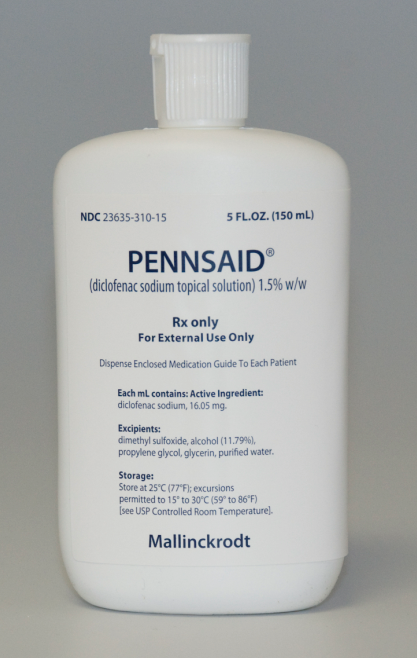 Of a white plastic bottle with a white cap. The bottle is labeled "PENNSAID (diclofenac sodium topical solution) 1.5% w/w" and "5 FL.OZ. (150 mL) ". Below the label there is a description of the product which states that it is for external use only. There is also a label on the bottom right corner of the bottle that says "Mallinckrodt". The bottle appears to be new and unused.
