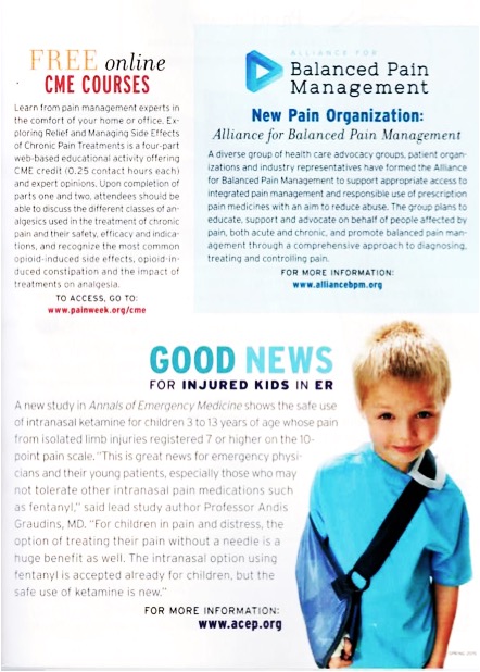 An advertisement or flyer for a free online CME course on balanced pain management. The background is white and the text is in black. On the right side of the image there is a photo of a young boy wearing a blue t-shirt and a sling. He is smiling and looking directly at the camera. The text on the image reads "Balanced Pain Management: New Pain Organization: Alliance for Balanced Pain Management". At the bottom of the page there is a section titled "Good news for injured kids in ER" and mentions a new study in Annals of Emergency Medicine that shows the safe use intranasal ketamine for children. <br /><br />At the bottom of the advertisement it says "For more information: www.acep.org".