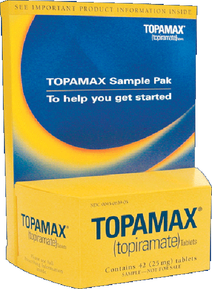 Of a yellow box of toyama (topiramate) tablets. The box is rectangular in shape and has a blue and yellow design on the front. The top of the box has the brand name "toyama" written in bold white letters followed by the product name "Sample Pak" in smaller white letters. Below that there is a description of the product which states that it contains 42 (25 mg) tablets and contains a sample of the same product. The label also mentions that the product is available for sale. The background of the image is blue.