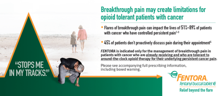 An idiographic that explains that breakthrough pain may create limitations for opioid tolerant patients with cancer. It has a green triangle on the left side with the text "STOPS ME IN MY TRACKS" written on it. On the right side there is an image of a person kneeling on the ground with their head in their hands looking down at the ground. In the background there are two people walking on a beach. The text on the image reads "Flares of breakthrough pain can impact the lives of 51% of patients with Cancer who have controlled persistent pain" and "mentor" is written in white text. The idiographic also mentions that the person in the image is a patient who is experiencing pain during their appointment.