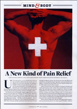 A page in Men's Journal magazine. It is an article titled "A new kind of pain relief" and is in the Mind & Body section. The article features a red-tinted photograph of a man's back with a white cross on his back. The man is standing with his arms stretched out to the sides and his head tilted back. The article appears to be from September 2014.