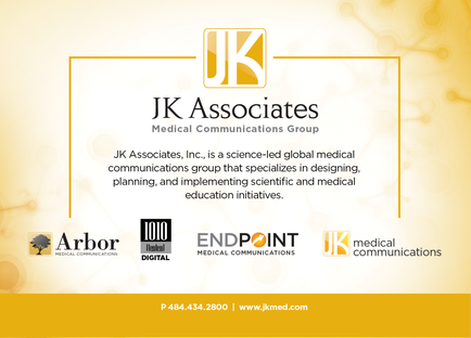 A business card for JK Associates Medical Communications Group. The background of the card is a light yellow color with a subtle pattern of lines and dots. In the center there is a large yellow logo of the company's name in black text. Below the logo there are three smaller logos - Arbor Endpoint and JK Medical Communications. The text on the card reads "JK Associates Inc. is a science-led global medical communications group that specializes in designing planning and implementing scientific and medical education initiatives." At the bottom of the image there has a phone number and website address for the company.