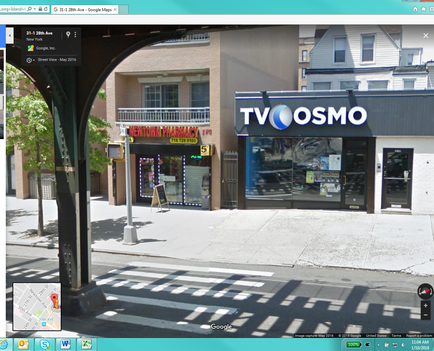 A street view of a TVOSMO store on a corner of a street. The store is located on the corner of the street and is a two-story building with a blue and white sign that reads "TVOSMO". The store has a large glass window on the right side and a store front with a sign that says "New York Pharmacy". There is a tree on the left side of the building and a sidewalk in front of it. The street is lined with trees and there is a crosswalk in the foreground. The image appears to be taken from a Google Street View perspective.