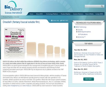 A screenshot of the homepage of the BioDelivery Sciences International website. The website has a blue and white color scheme with the company's logo at the top. Below the logo there is a navigation bar with links to different sections of the website. On the left side of the page there are three sections. The first section is titled "consoles (fentanyl buccal soluble film)". The second section has a title that reads "Technology Platform Menu" and a brief description of the product. The third section has an article titled "Top News" with a headline that mentions that the product was released on Tuesday December 03 2013. The fourth section has the date "Dec. 02 2013" and the time "Mon Nov. 25 2013". There is also a link to the website's top news section. The page also has a search bar and a button to view the news.
