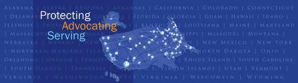 A graphic design that features a map of the United States of America with the words "Protecting Advocating Serving" written in orange on the top left corner. The map is made up of small white dots connected by lines representing the interconnectedness of the states. The dots are arranged in a way that creates a network-like pattern around the map. The background of the image is blue and the text is written in white. The overall design is simple and modern conveying the idea of protecting and advocating for serving in the country.