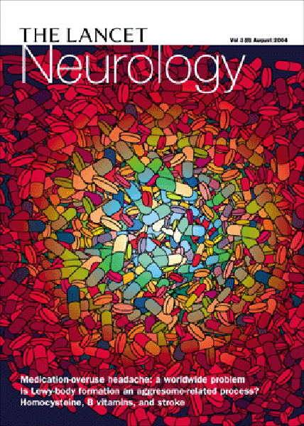 A cover of a magazine titled "The Lancet Neurology" from August 2004. The cover features a large number of colorful pills scattered across a dark blue background. The pills are of different sizes and colors including red orange yellow green blue and purple. The text on the cover reads "Medication-overuse headache: a worldwide problem. Is low-body formation an aggressive-related process? Homocysteine B vitamins and stroke." The title of the magazine is written in white text at the top of the cover.