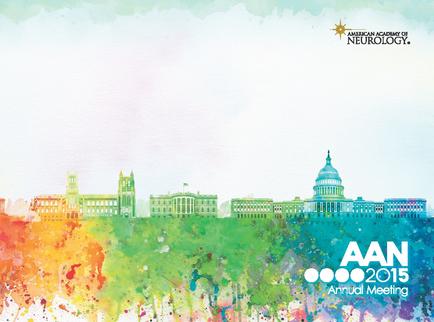 A watercolor illustration of the United States Capitol building in Washington DC. The background is a light blue sky with white clouds. The building is painted in a variety of colors including green orange yellow and pink. The colors are splattered across the image creating a splatter-like effect. On the right side of the image is the logo for American Academy of Neurology which is a yellow star with the words "AAN 2015 Annual Meeting" written in black. The overall design is simple and modern with a focus on the building and the text.
