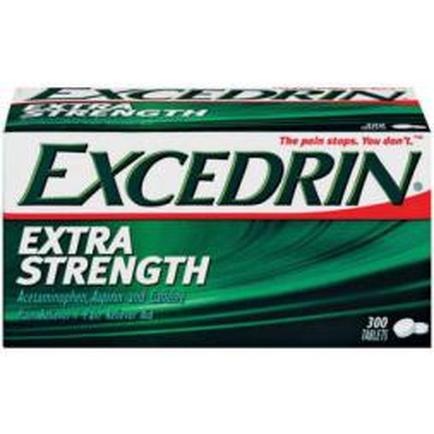 Of a box of Excedrin Extra Strength tablets. The box is rectangular in shape and has a green and white color scheme. The top of the box has the brand name "Excedrin" written in bold white letters followed by the word "Extra Strength" in smaller white letters. Below that there is a description of the product which states that the tablets are "The pain stops. You don't." The box also has a picture of a green wave-like design on the front indicating that the product is made with natural ingredients. The bottom right corner has a label that reads "300 tablets".