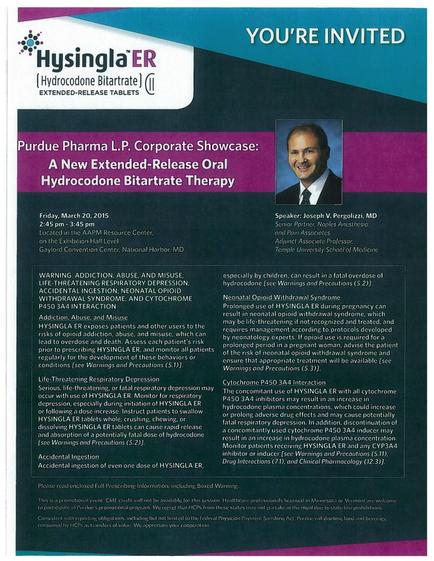 An invitation card for a new extended-release oral hydrocodone nitrate therapy event hosted by Hysingla ER. The card has a blue background with white text. On the right side of the card there is a photo of a man in a suit and tie. The text on the card reads "Purdue dharma L.P. Corporate Showcase: A New Extended-Release Oral Hydrocodone nitrate Therapy" and "You're Invited". Below the photo there are details about the event including the date time and location. The card also mentions that the event will be held on Friday March 20 2015 at the Hysingsla ER Hydrocodone biserrate Center. The event is sponsored by the Purdue dharma Corporation and is scheduled to take place on Friday.