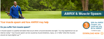 An advertisement for AMRIX & Muscle Spasm. It features a photo of a man standing on a golf course with a bag of golf clubs in his hand. He is wearing a blue long-sleeved shirt and has a big smile on his face. The background shows a green lawn and trees. On the right side of the image there is a blue banner with white text that reads "Your muscle spasm and how AMRIXX may help. Do you suffer from muscle spam? A muscle spam is a painful sensation that occurs when a muscle becomes too tight. You may experience it as an intense cramp. Your muscle spam can be caused by muscle tension injury or a reflex when the muscles around an injury tighten up." Below the banner there are two buttons - "Download Now" and "With the AMRX Coupon you could pay only $5 for AMRIX".