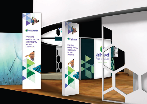 A computer drawing of a trade show booth for Mallinckrodt Pharmaceuticals with the tagline "Providing quality service and integrity for over 145 years". The color scheme is predominantly purple and green with some white and teal. Signage is the primary element in the image but some fixtures are visible in the background standing on what appears to be a wooden floor.