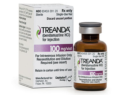 A white box with the brand name "tread" and the product name "Bendamustine HCI for Injection" printed on it. The box is rectangular in shape and has a label on the front that reads "100 mg/ml". Next to the box there is a small amber-colored vial with a silver-colored cap. The vial is labeled "For Intravenous Infusion Only" and "Reconstruction and Dilution Required (see insert)". The label also mentions that the product is manufactured by cephalic Inc. and is available for purchase in the United States.
