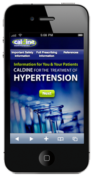 A screenshot of a mobile phone screen displaying the homepage of a website called "calcine for the Treatment of Hypertension". The website has a blue and white color scheme with the logo of the company at the top. Below the logo there is a title that reads "Important Safety Full Prescribing Information" in bold white letters. On the right side of the screen there are several images of test tubes and test tubes representing the treatment of hypertension. The background is a light blue color and the text is in a dark blue font. At the bottom of the image there has a button that says "Next" in white letters indicating that the website is now available on the app store. The phone appears to be an iPhone as indicated by the home button at the bottom right corner.