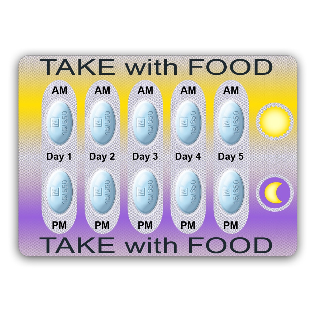 An illustration of a blister pack of pills. It shows a  grid with five columns each labeled with a value between "Day 1" and "Day 5". It has two rows with the top row labeled with an icon of a sun and the bottom labeled with a crescent moon. Each pill in the top row is labeled with "AM" and on the bottom row with "PM". The pills are blue and have "M 15/650" printed on them. Both above and below the grid the text "Take with Food" is written in large bold font. 