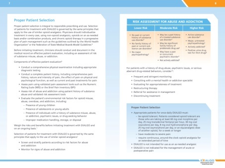 Appears to be pages 7 and 8 from a brochure or booklet about Exalgo. The left page is titled "Proper Patient Selection" and has several paragraphs of information. On the right side of the page there is a chart titled "Risk Assessment for Abuse and Addiction" showing conditions related to lower moderate and higher risk. Beneath the chart there are additional paragraphs of information relating to risk of abuse and addiction as well as proper patient selection. The bottom right corner features the Exalgo logo.