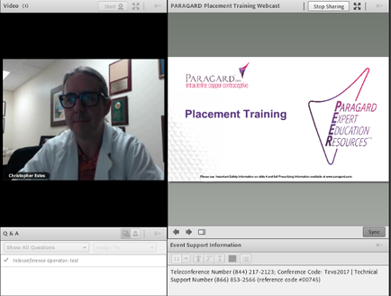 A screenshot of a video call from a Paragard Placement Training Webcast. On the left side of the image there is a photo of a man wearing a white lab coat and glasses. He appears to be in a room with a desk and a computer monitor in the background. The man is looking directly at the camera with a serious expression on his face. On the top right corner of the screen there are two tabs - "Video" and "Stop Sharing". On the top left corner it says "Paragard Expert Education Resources" and on the bottom right corner there says "Placement Training". Below the tabs it reads "Event Support Information". There is also a button labeled "Teleconference Number" which suggests that the video is being recorded on a computer screen.