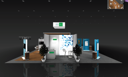 A 3D rendering of a trade show booth. The booth is set up in a dark room with a high ceiling and black walls. The floor is made of concrete and there are two potted plants on either side of the booth. The booth has a white wall with a blue and white abstract design on it. There are two white chairs in front of the wall and a desk on the left side. On the right side there are three blue booths with a computer monitor and other information displayed on them. Above the booths there is a green sign with white text that reads "Welcome to the trade show." In the top right corner of the image there appears to be a map of a room with various rooms and amenities. The overall design of the exhibition stand is modern and minimalist.