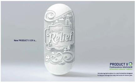 A 3D rendering of an oval-shaped object with a white background. The object appears to be made of a smooth glossy material and has a textured surface. The text on the object reads "Designed Relief" in a bold cursive font. Below the text there is a smaller text that reads "New PRODUCT X ER is..." in a smaller sans-serif font. On the right side of the image there are two smaller text boxes that read "Product X" and "Hydrochloroquine Batteries". The text boxes are arranged in a symmetrical pattern with the "Product" box on the left and the "ER" box in the center. The overall design of the object is modern and minimalist.