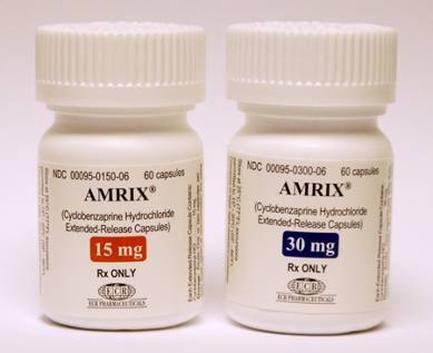 Two white plastic bottles with white caps. The bottles are labeled with the brand name "AMRIX" and the product name "Cydobenzophenone Hydrochloride Extended-Release Capsules". The bottle on the left has a label that reads "15 mg" and "Rx Only". The label also mentions that the bottle contains 30 mg of the product. The background is plain white.
