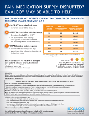 An advertisement for Exalgo titled "Pain Medication Supply Disrupted? Exalgo® May be able to help." It has the subtitle "For Opioid Tolerant Patients You Want to Convert from Opana ER to Once-Daily Exalgo Remember C-A-T."  On the left side of the page it shows three steps to convert to Exalgo. The steps include: "Calculate the equianalgesic dose"  "Adjust the dosage" and "Titrate based on patient response". The right side of the page shows a table with conversion rations from Opana to Exalgo. The bottom of the page shows Exalgo's indication important risk information and the Exalgo logo. 