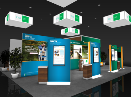 A trade show booth with a blue and green color scheme. The booth is divided into three sections each with a different design. The first section has a large banner with the word "amrix" written in bold white letters. The second section has an image of a man in a suit and tie holding a clipboard and looking at a computer screen. The third section has two smaller banners with the same word written in white letters one in blue and the other in green. The booth is set up in a modern and professional manner with a high ceiling and white walls. There are several potted plants on either side of the booth adding a touch of greenery to the space. The overall design is modern and eye-catching with clean lines and a clean and professional look.