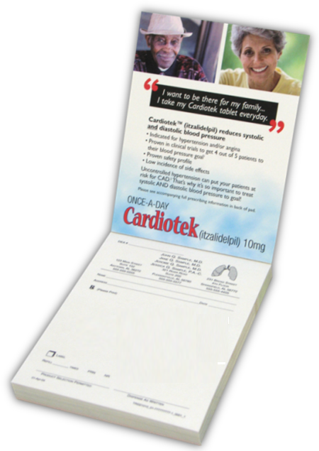 A photograph of a brochure or flyer for Cardiotek. The brochure is folded in half with the front facing towards the left side of the image. The front of the brochure has a white background with a photo of a man and a woman on the top left corner. The man is wearing a cowboy hat and the woman is smiling at the camera. Below the photo there is text that reads "I want to be there for my family. I take my Cardiotek tablet every day." <br /><br />The brochure also has a list of information about the product including the product name dosage and instructions on how to use it. The text is written in black font and is divided into two sections. The top section has a blue header with the company name and contact information. The bottom section has the product's logo and a brief description of the product.<br /><br />Overall the image appears to be a promotional brochure for the company with a modern and professional design.