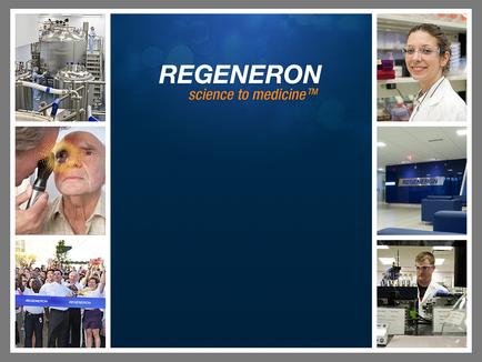 A collage of six photos arranged in a grid-like pattern. The first photo on the top left shows a group of people working in a laboratory with a large machine in the background. The second photo in the top right shows a woman wearing a white lab coat and glasses smiling at the camera. The third photo is a close-up of an elderly man's face with his eyes closed and his mouth slightly open. The fourth photo is in the bottom left corner showing a crowd of people holding up signs and banners. The fifth photo is on the bottom right corner and the sixth photo is at the bottom center. The background is a dark blue color with the words "REGENERON science to medicine" written in white.