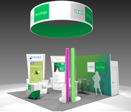 A trade show booth with a green and white color scheme. The booth has a circular design with the word "Oncology" written in bold white letters at the top. Below the word there is a banner that reads "tea" in smaller white letters. The booth is divided into two sections with the left side having a white and green color scheme and the right side having green and purple accents. There are two white booths on either side of the booth one with a sign that says "Granix" and the other with a purple and green design. There is also a small table and chairs in front of the booths. In the center of the image there are two large screens displaying information about the company's products and services. The screens are arranged in a way that creates a visually appealing display. The overall design is modern and professional with a clean and modern look.