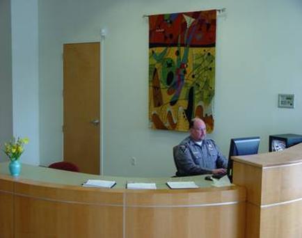 A man sitting at a desk in an office. He is wearing a blue uniform and appears to be a police officer. The desk is made of wood and has a computer monitor and some papers on it. There is a vase with yellow flowers on the desk. On the wall behind the desk there is a large abstract painting hanging. The room has white walls and a wooden door.