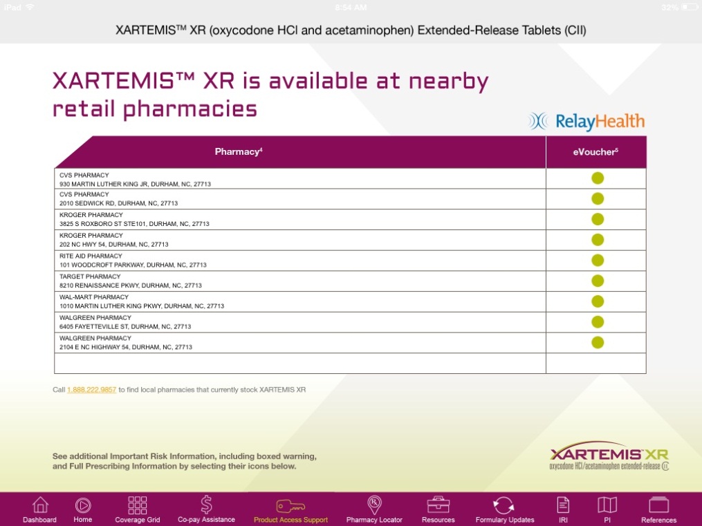 A screenshot of the XARTEMIS® XR (oxycodone HCI and acetaminophen Extended-Release Tablets (CII) website. The website has a purple and white color scheme and the title of the website is written in bold purple font at the top. The title of the page is "XARTEMIS XR is available at nearby retail pharmacies. Below the title there is a table with two columns Pharmacy and eVoucher. The rows show the names of different pharmacies their addresses and whether they accept eVouchers. The XARTEMIS XR and RelayHealth logos are visible. A navigation menu is at the bottom of the page.
