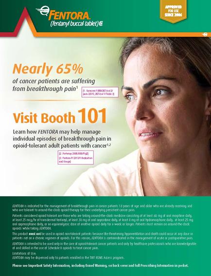 An advertisement for mentor (mentor) buccal tablet. It has a green background with a photo of a woman's face on the right side. The woman is looking off to the side with a serious expression on her face. On the left side of the image there is text that reads "Nearly 65% of cancer patients are suffering from breakthrough pain" and "Visit Booth 101". Below the photo there are two bullet points that explain how mentors may help manage individual episodes of breakthrough pain in opioid-tolerant adult patients with cancer. The text also mentions that the tablet is available for purchase at a discounted price.