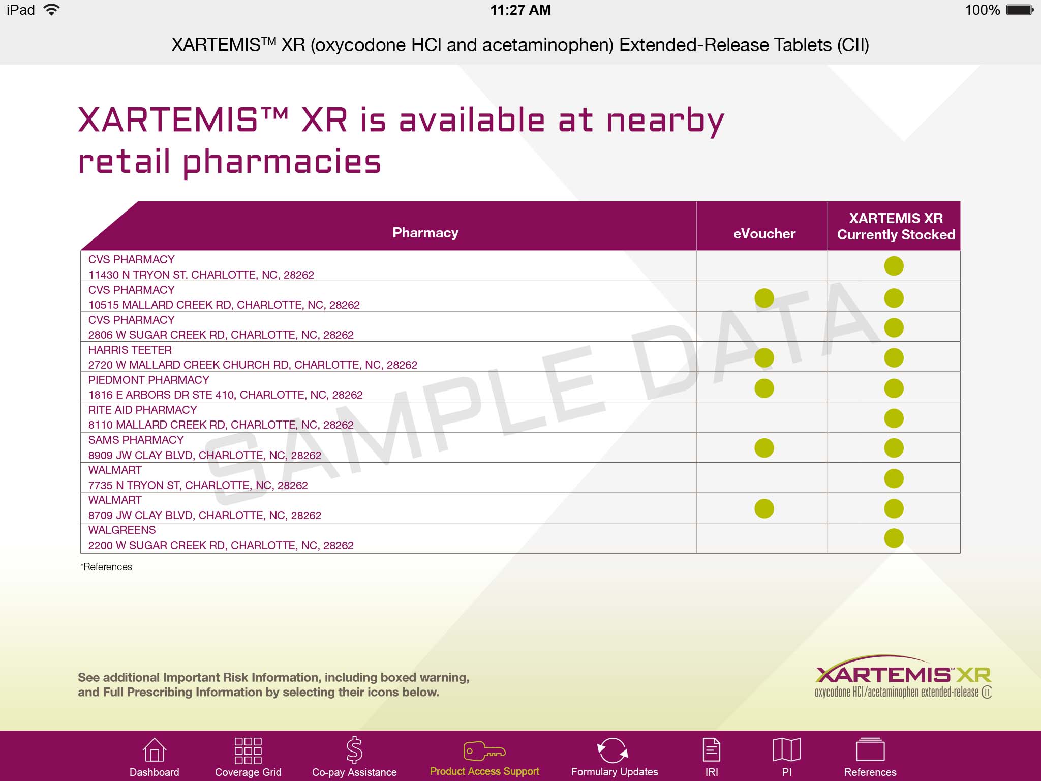 A screenshot of the XARTEMIS® XR (oxycodone HCI and acetaminophen Extended-Release Tablets (CII) website. The website has a purple and white color scheme and the title of the website is written in bold purple font at the top. The title of the page is "XARTEMIS XR is available at nearby retail pharmacies. Below the title there is a table with three columns Pharmacy eVoucher and XARTEMIS XR currently stocked. The rows show the names of different pharmacies their addresses whether they accept eVouchers and whether XARTEMIS XR is currently stocked. The XARTEMIS XR logo is visible. A navigation menu is at the bottom of the page.