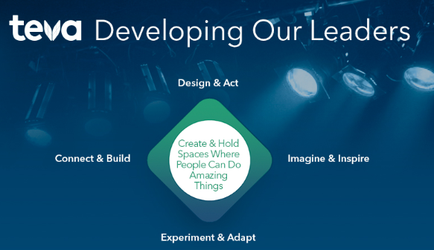 A graphic design for a website called "tea Developing Our Leaders". The background is a dark blue color with a green triangle in the center. Inside the triangle there is text that reads "Design & Act" "Create & Hold Spaces Where People Can Do Amazing Things" "Imagine & Inspire" "Experiment & Adapt" and "Connect & Build". The text is in white and is surrounded by a white border. The overall design is modern and minimalist.